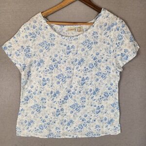 L.L. Bean Linen Top Medium White Blue Floral Short Sleeve Scoop Neck Dobby Print